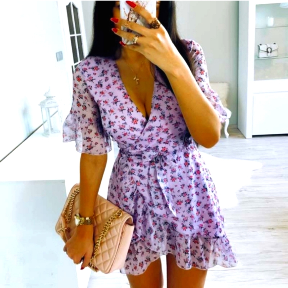 NWOT Boho Purple Floral Print Mini Dress